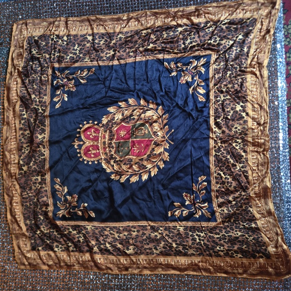 Talbots navy blue regal print silk neck scarf with animal print trim - Picture 3 of 8